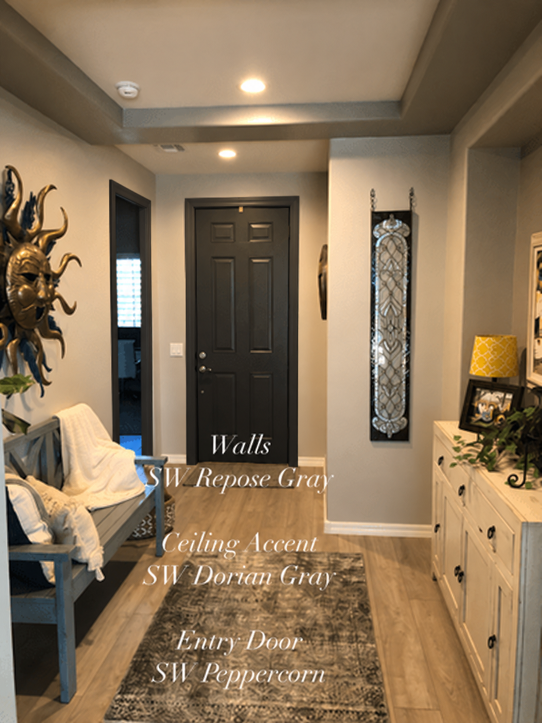 Repose Gray walls, Dorian Gray ceiling accent, and Peppercorn door casings on both doorways